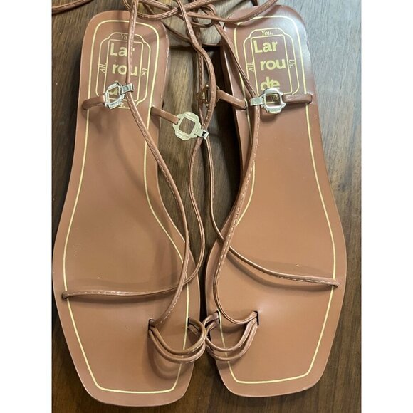 Larroude Portofino Flat Sandals in Caramel Leather 6 With Box Womens Wrap Slides - Picture 7 of 16